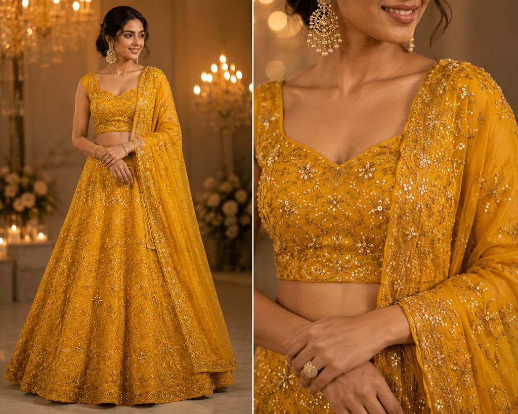 Premium Chinnon Embroidered Fabric – Festive Yellow