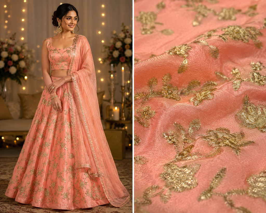 Premium Chinnon Embroidered Fabric – Peach Golden