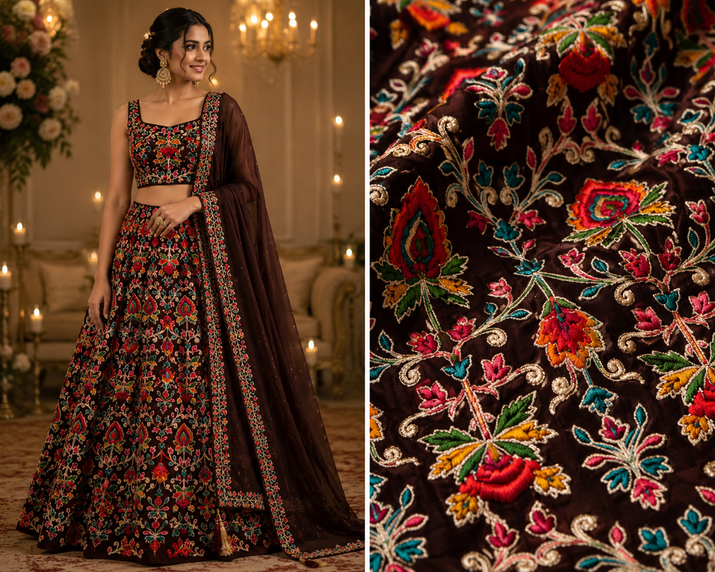 Premium Georgette Thread Work Fabric – Maroon Multi-Color