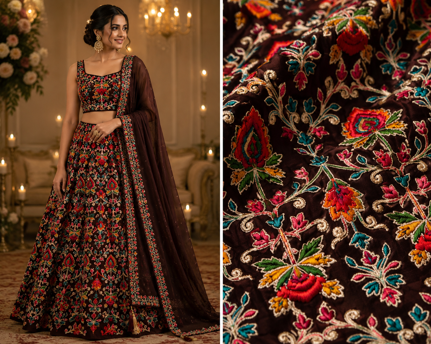 Premium Georgette Thread Work Fabric – Maroon Multi-Color