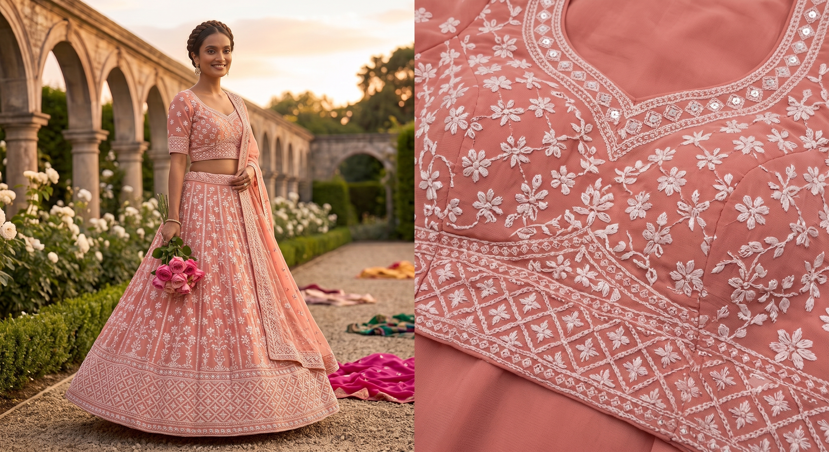 Premium Georgette Chikankari Machine Work Fabric – Pastel Peach