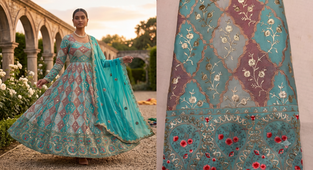 Premium Georgette Embroidered Fabric – Cyan Multi-Color