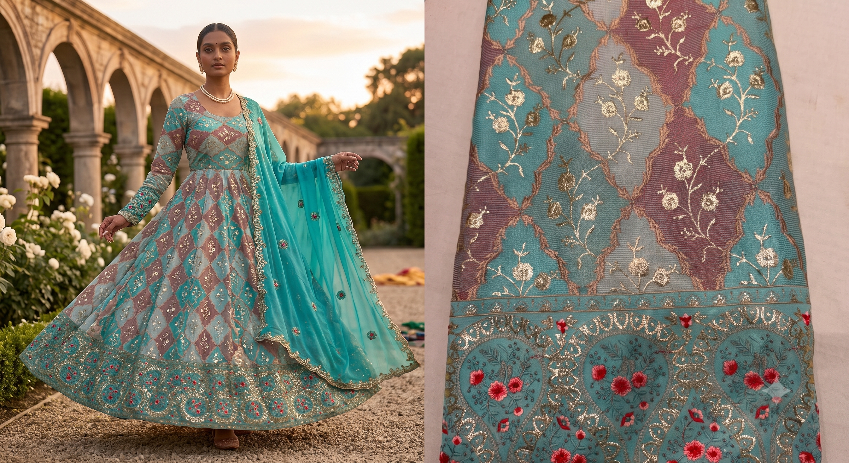 Premium Georgette Embroidered Fabric – Cyan Multi-Color