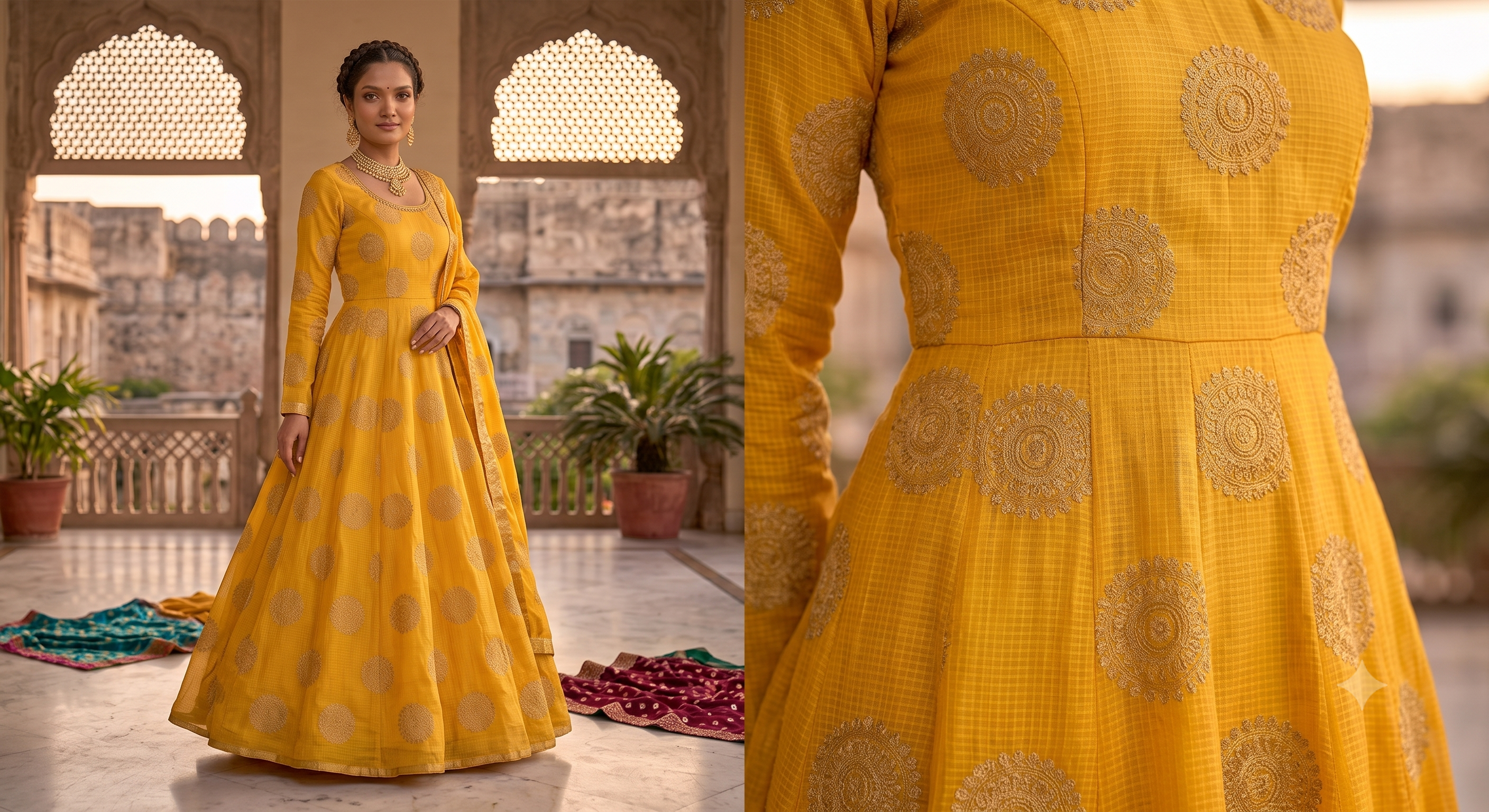 Premium Kota Embroidered Fabric – Mustard Yellow