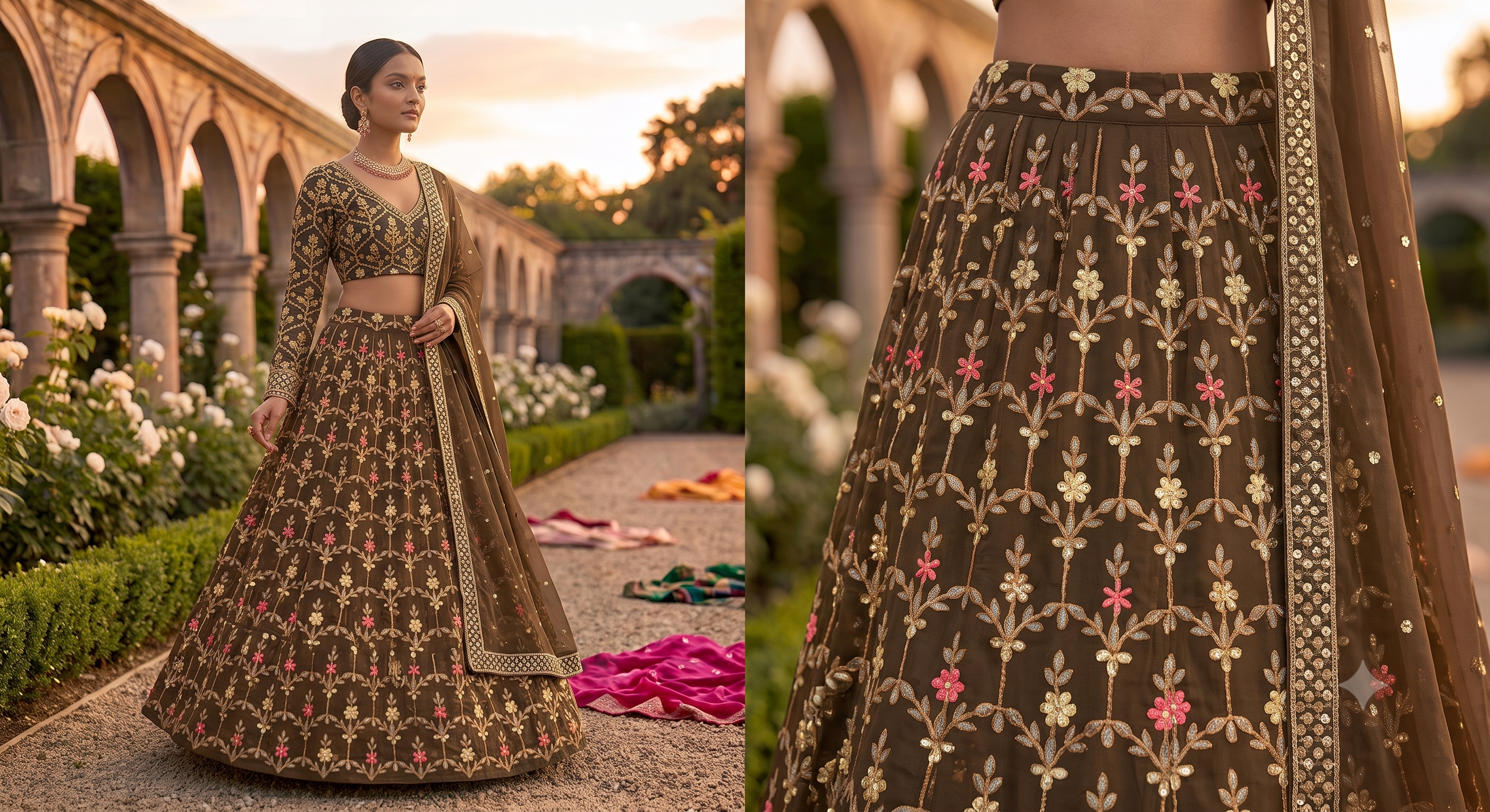 Premium Georgette Gota Patti Fabric – Earthy Brown
