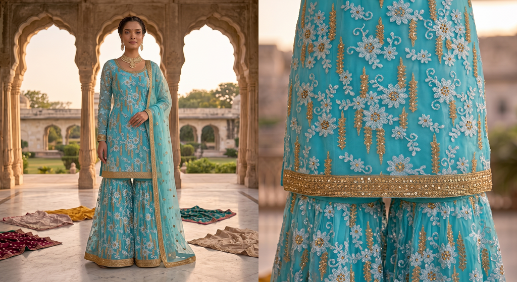 Premium Net Embroidered Fabric – Sky Blue