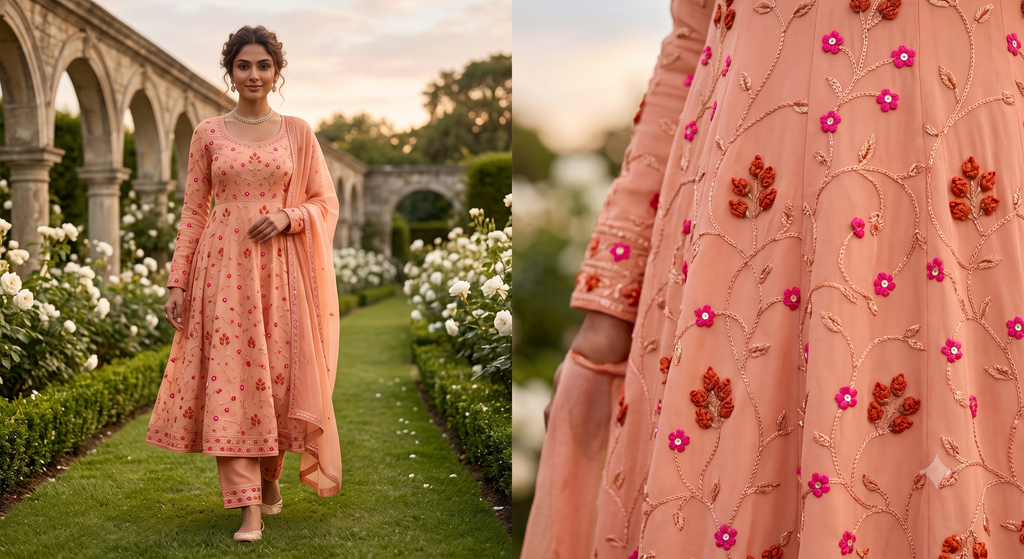 Premium Chinnon Embroidered Fabric – Sun-Kissed Peach