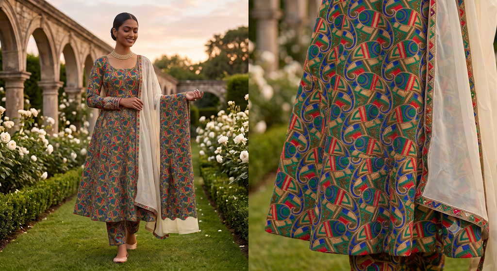 Premium Georgette Embroidered Fabric – Kaleidoscope Multi-Color