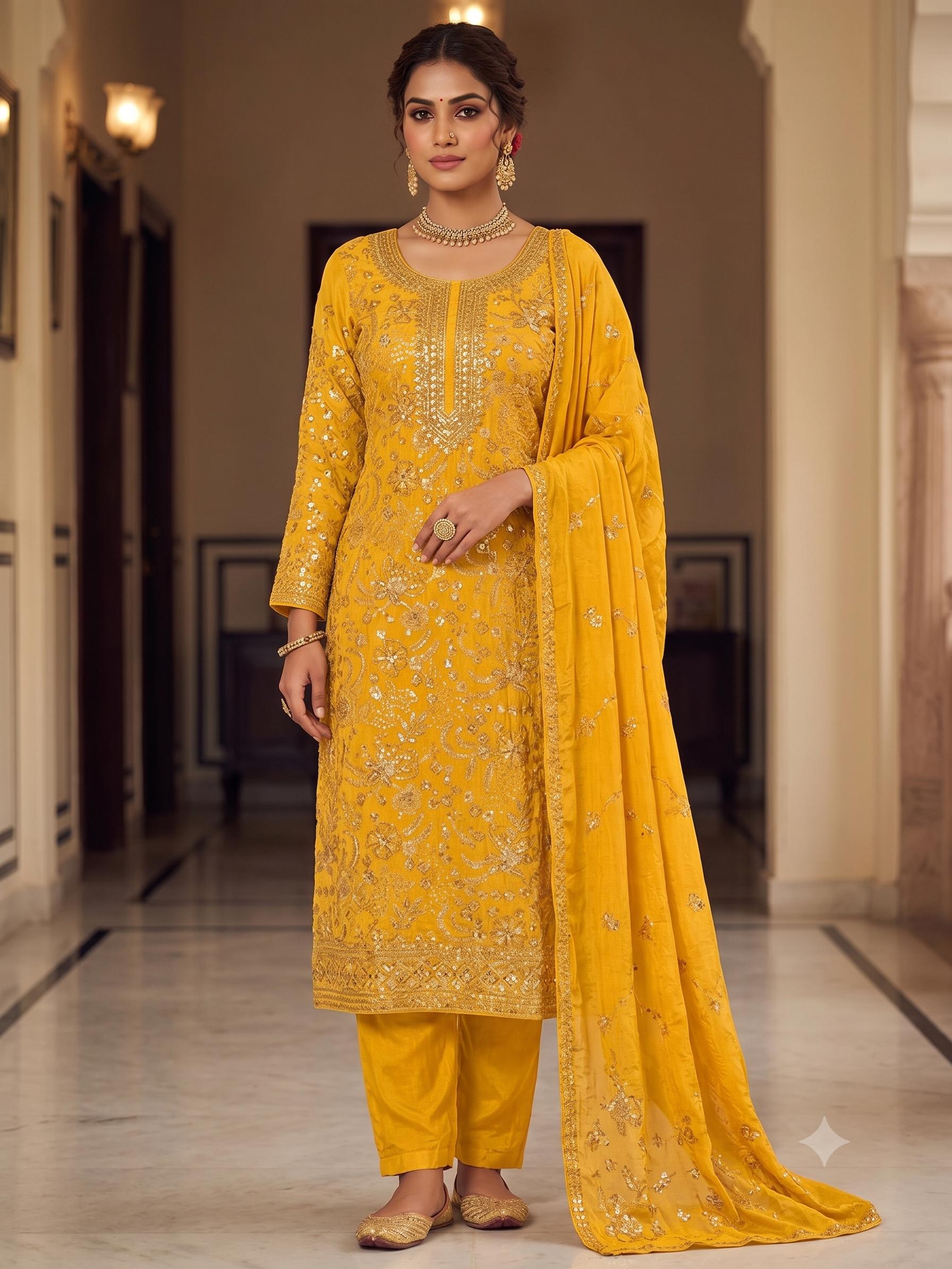 Premium Chinnon Embroidered Fabric – Festive Yellow
