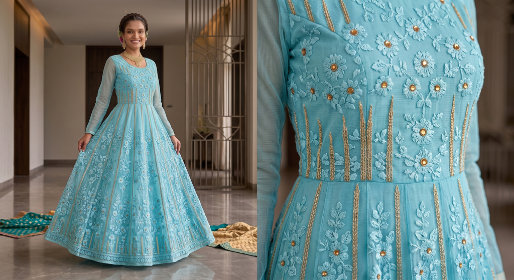 Premium Net Embroidered Fabric – Sky Blue