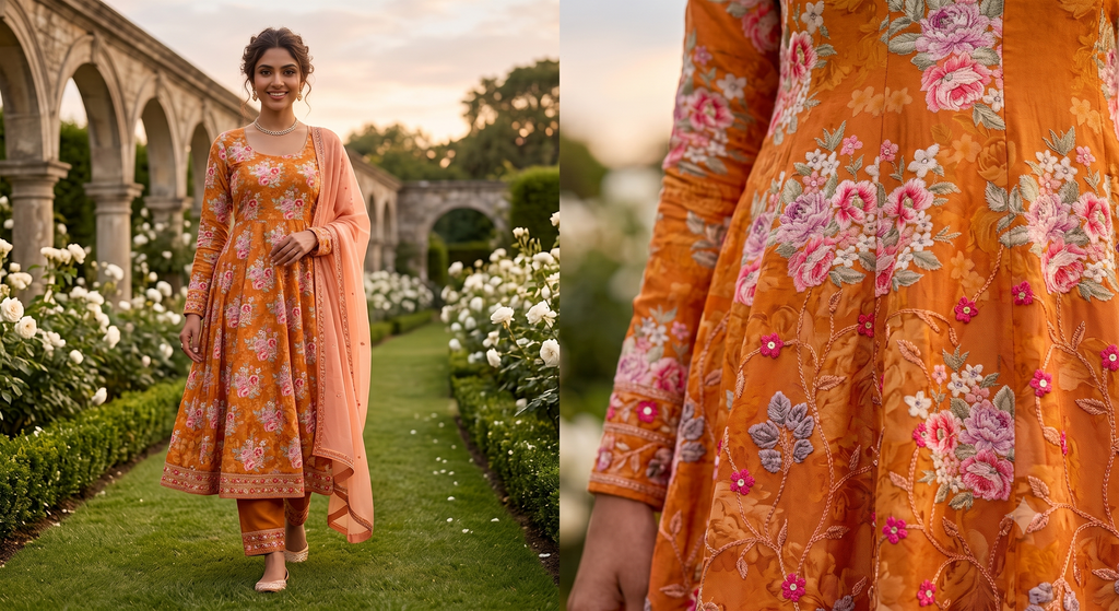 Premium Crepe Embroidered Fabric – Festive Orange