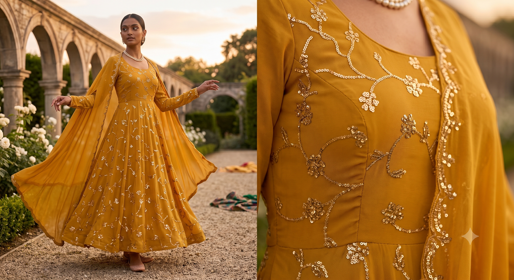 Premium Georgette Embroidered Fabric – Sunset Orange