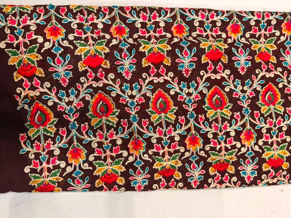 Premium Georgette Thread Work Fabric – Maroon Multi-Color