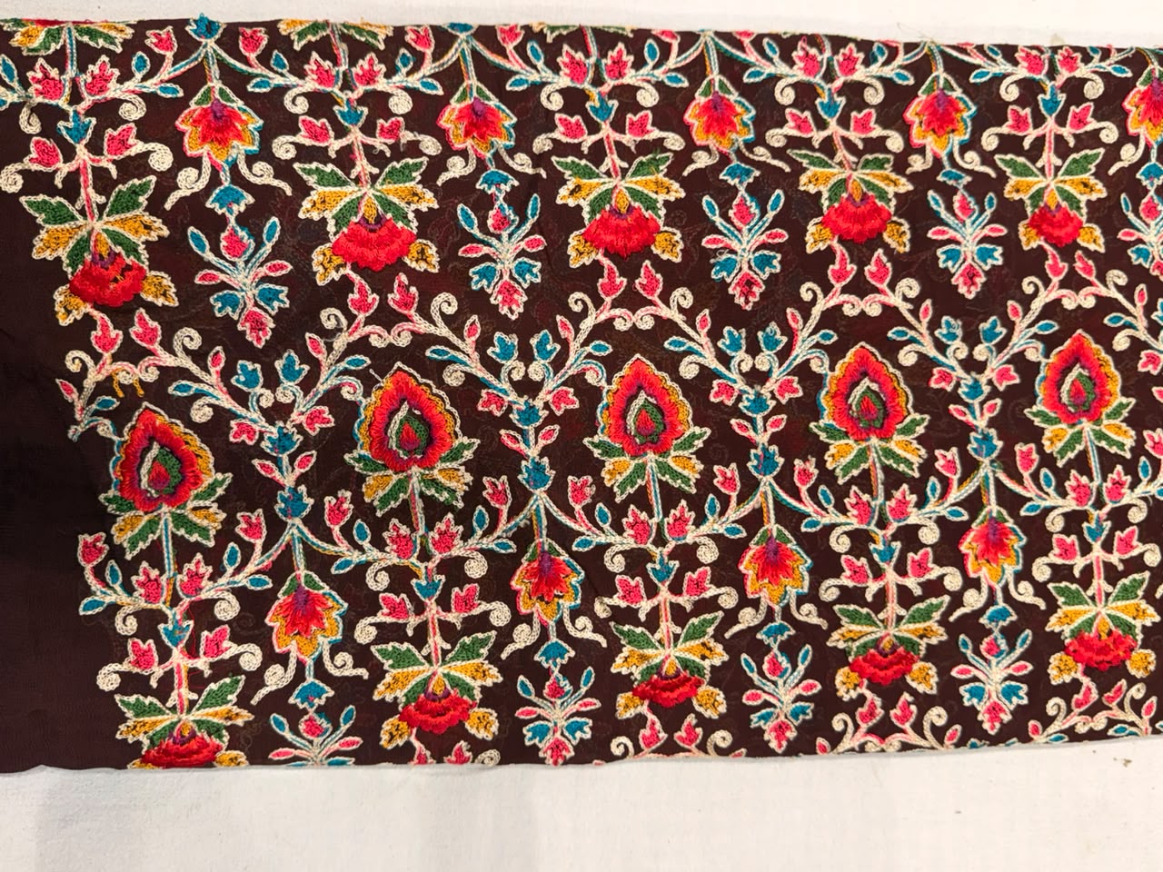 Premium Georgette Thread Work Fabric – Maroon Multi-Color