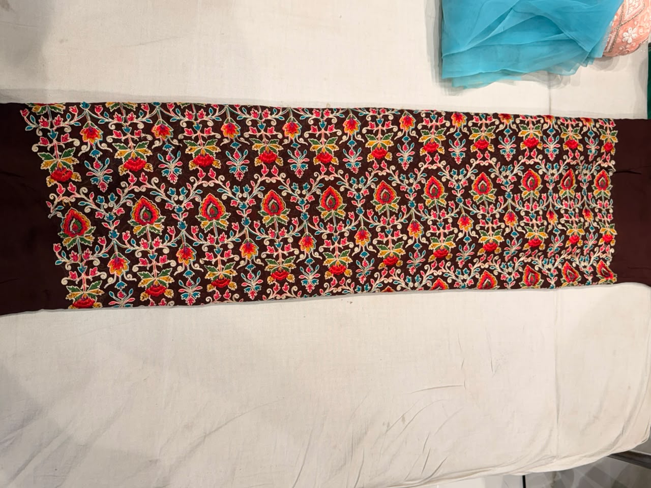 Premium Georgette Thread Work Fabric – Maroon Multi-Color
