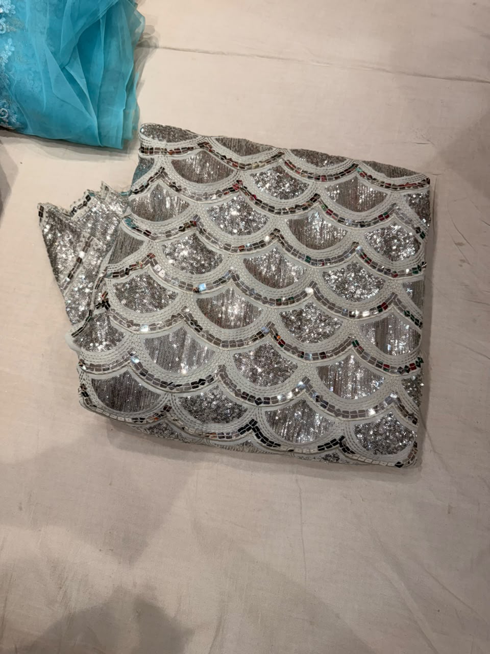 Premium Georgette Embroidered Fabric – Silver Shine