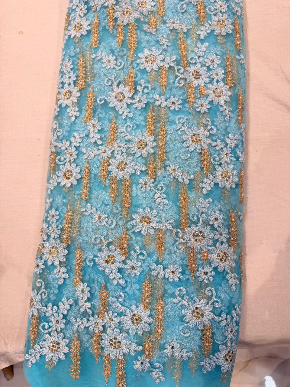 Premium Net Embroidered Fabric – Sky Blue
