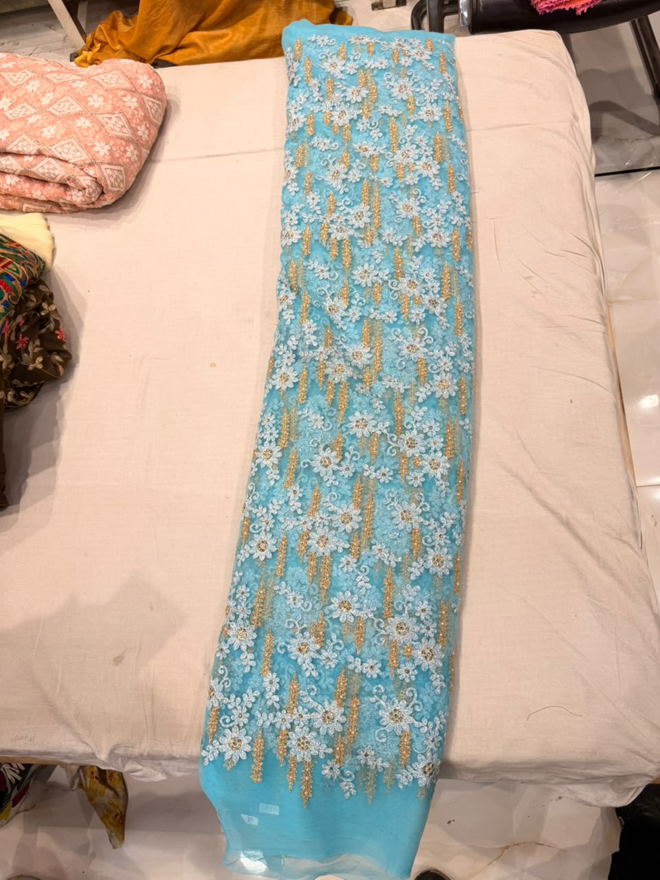 Premium Net Embroidered Fabric – Sky Blue