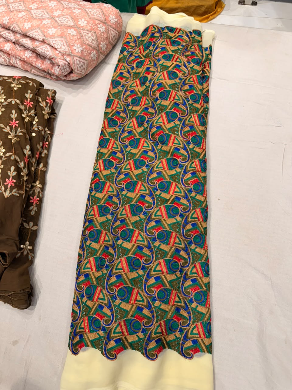 Premium Georgette Embroidered Fabric – Kaleidoscope Multi-Color