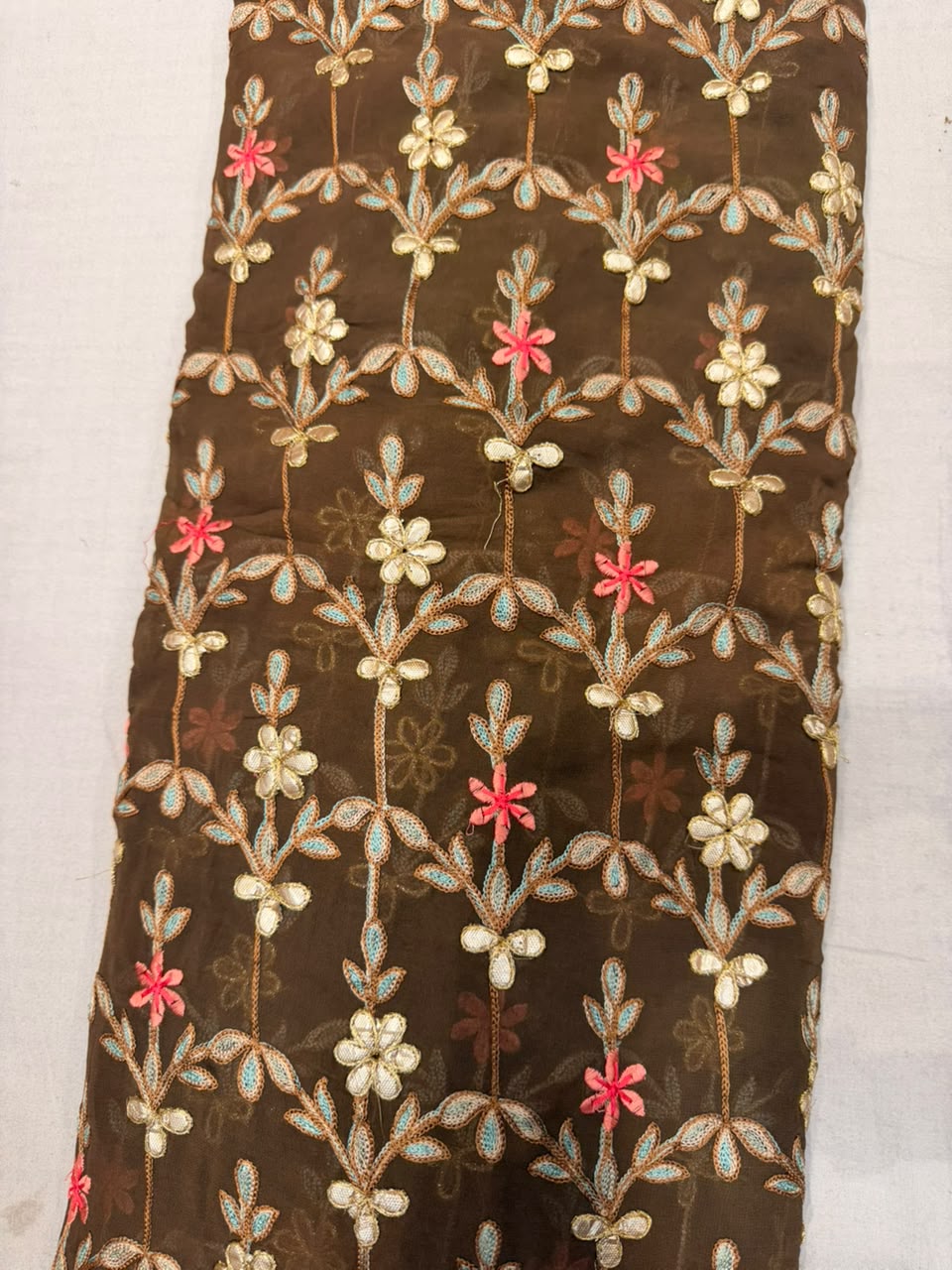 Premium Georgette Gota Patti Fabric – Earthy Brown
