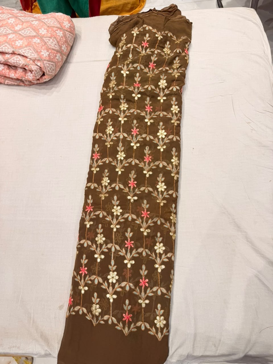 Premium Georgette Gota Patti Fabric – Earthy Brown