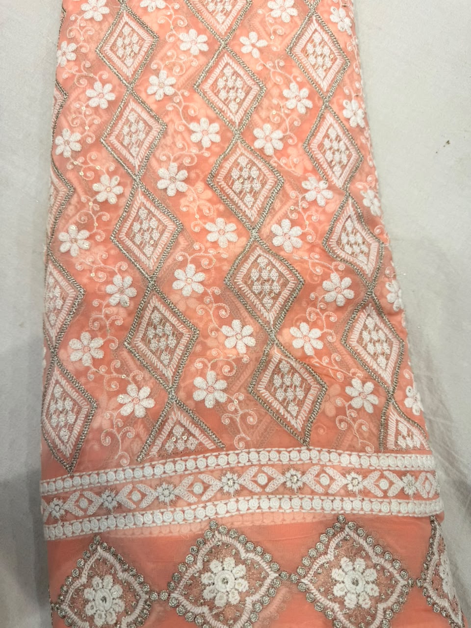 Premium Georgette Chikankari Machine Work Fabric – Pastel Peach
