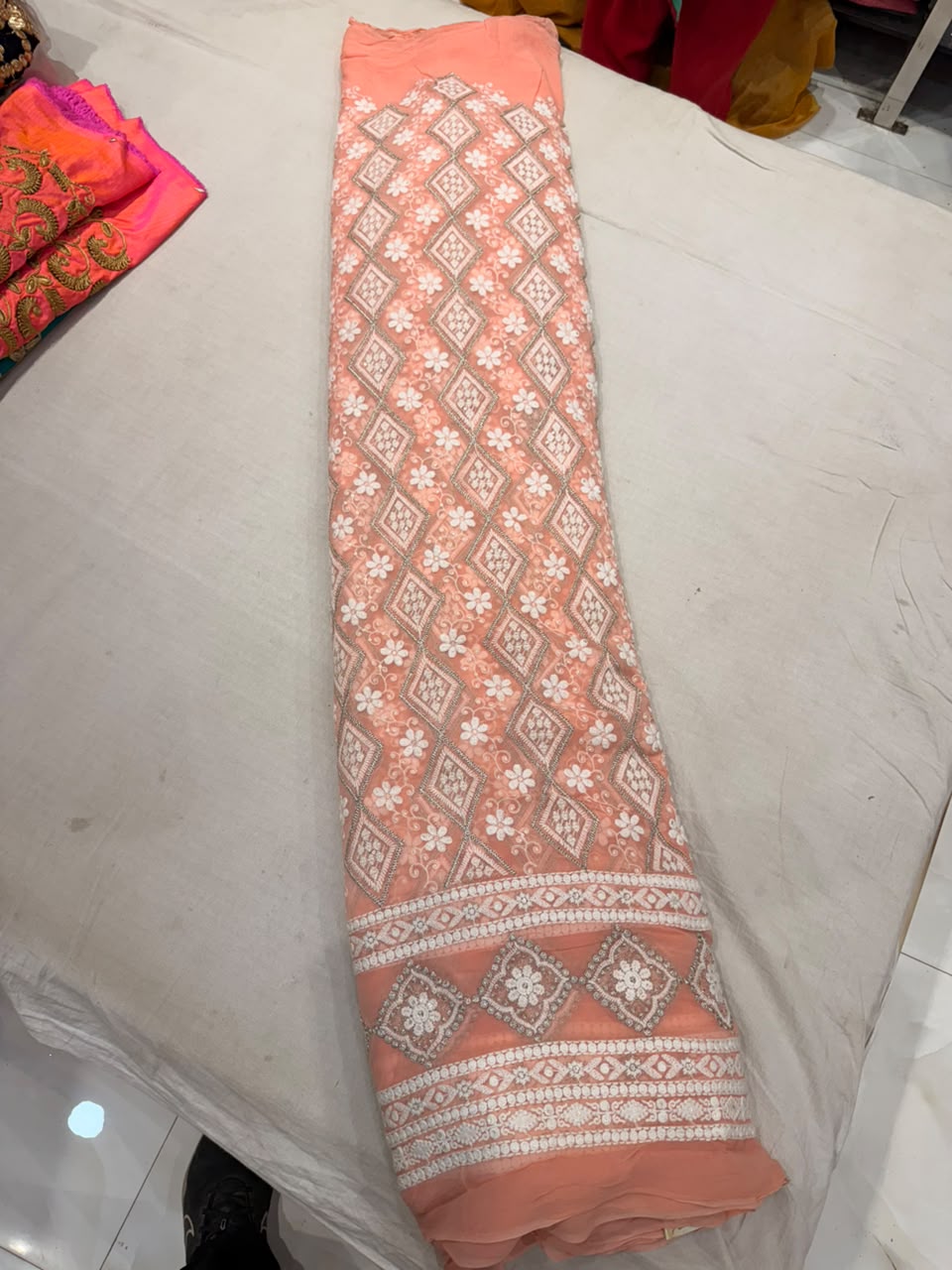 Premium Georgette Chikankari Machine Work Fabric – Pastel Peach