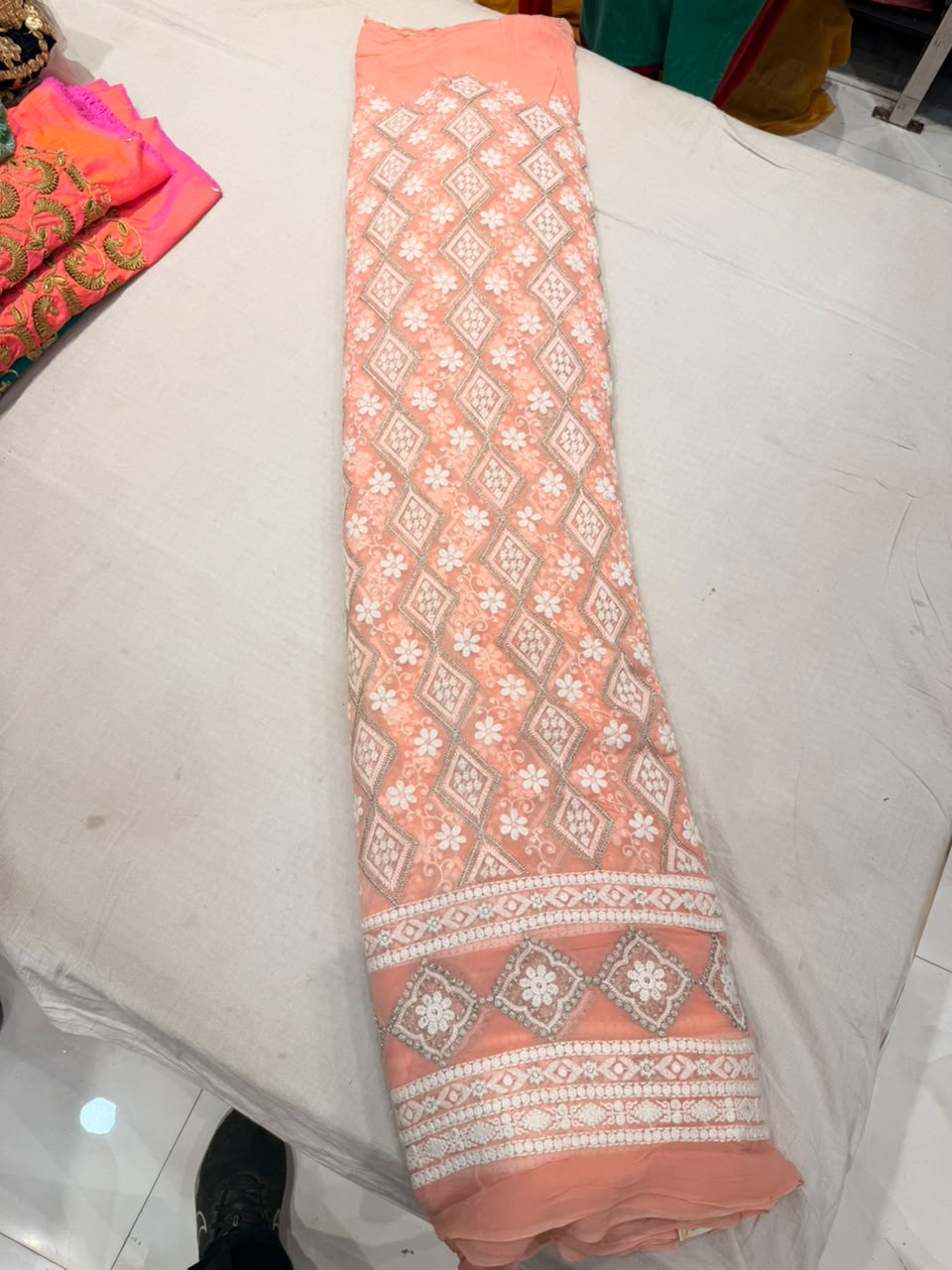 Premium Georgette Chikankari Machine Work Fabric – Pastel Peach
