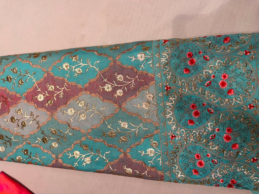 Premium Georgette Embroidered Fabric – Cyan Multi-Color