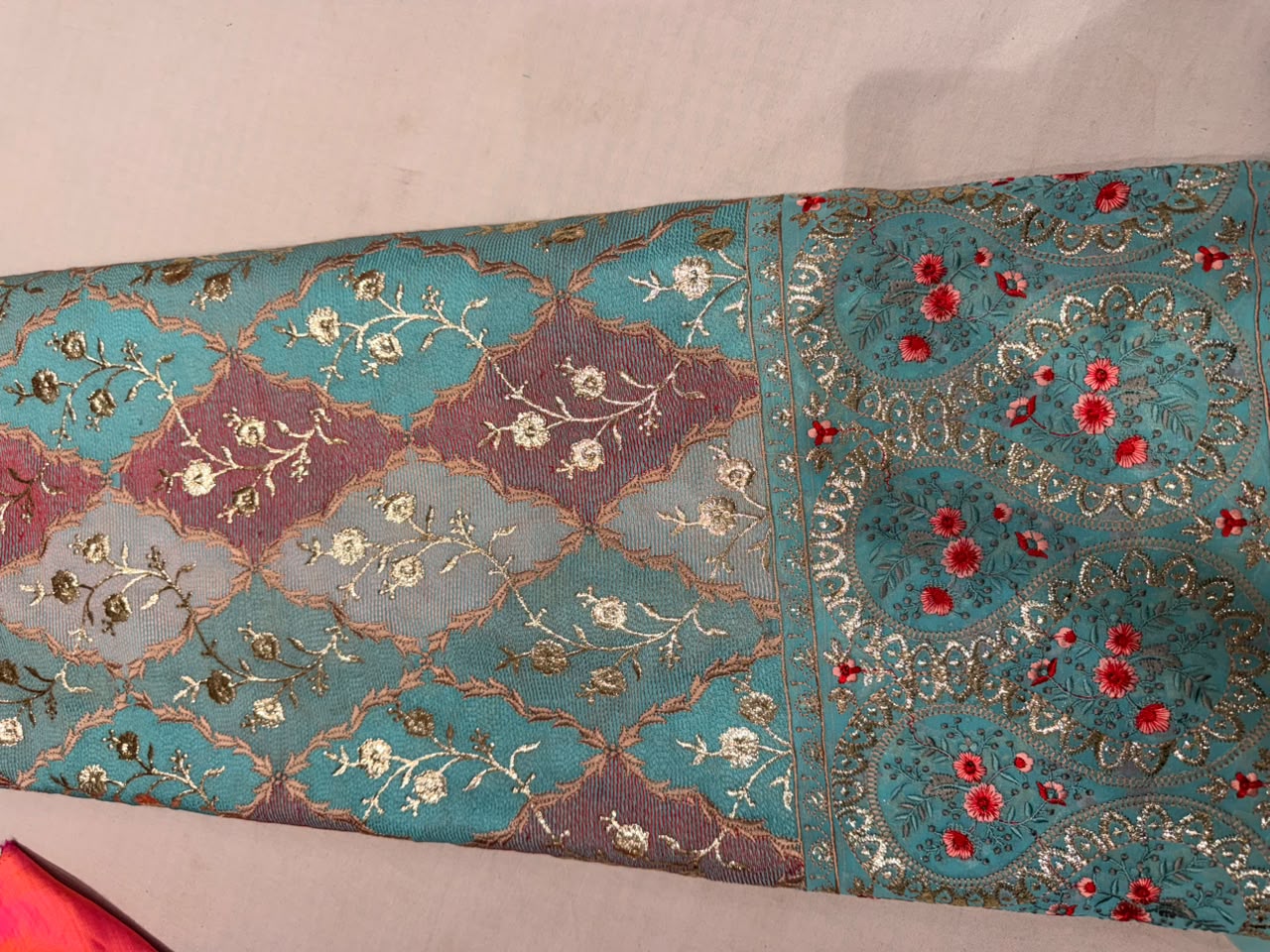 Premium Georgette Embroidered Fabric – Cyan Multi-Color