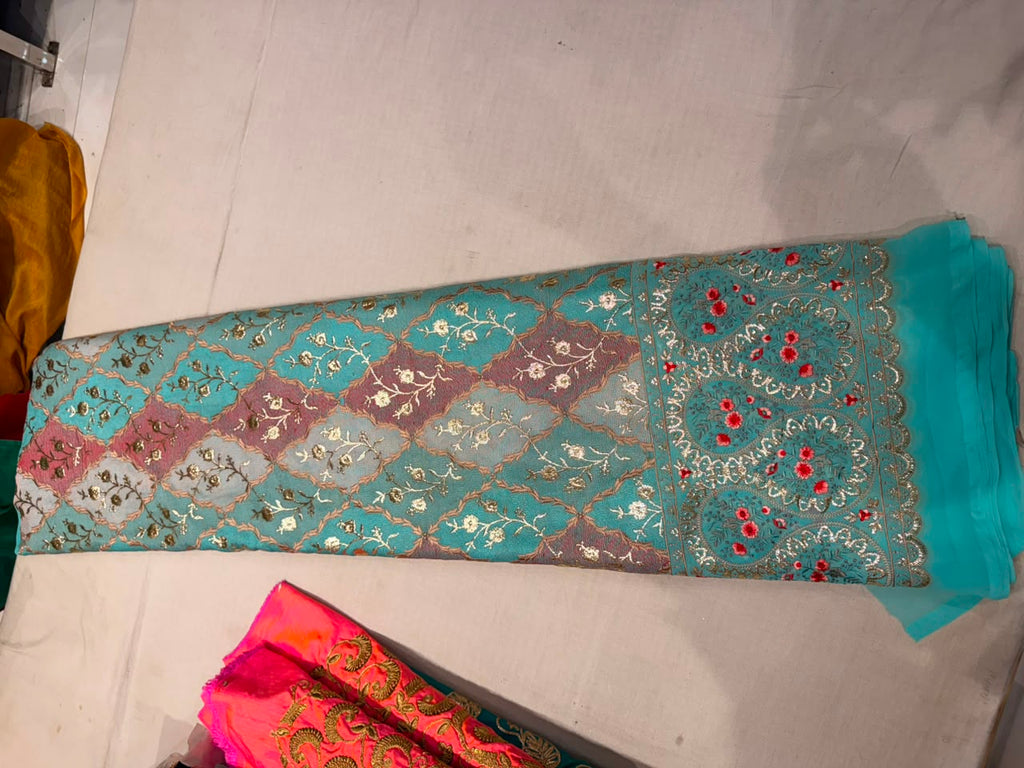 Premium Georgette Embroidered Fabric – Cyan Multi-Color