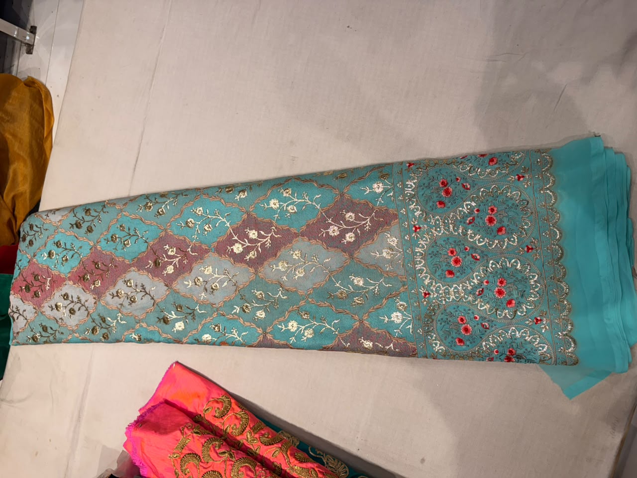 Premium Georgette Embroidered Fabric – Cyan Multi-Color
