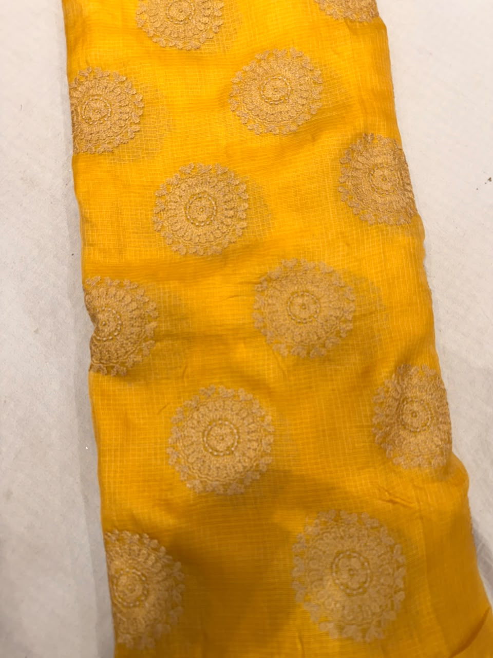 Premium Kota Embroidered Fabric – Mustard Yellow