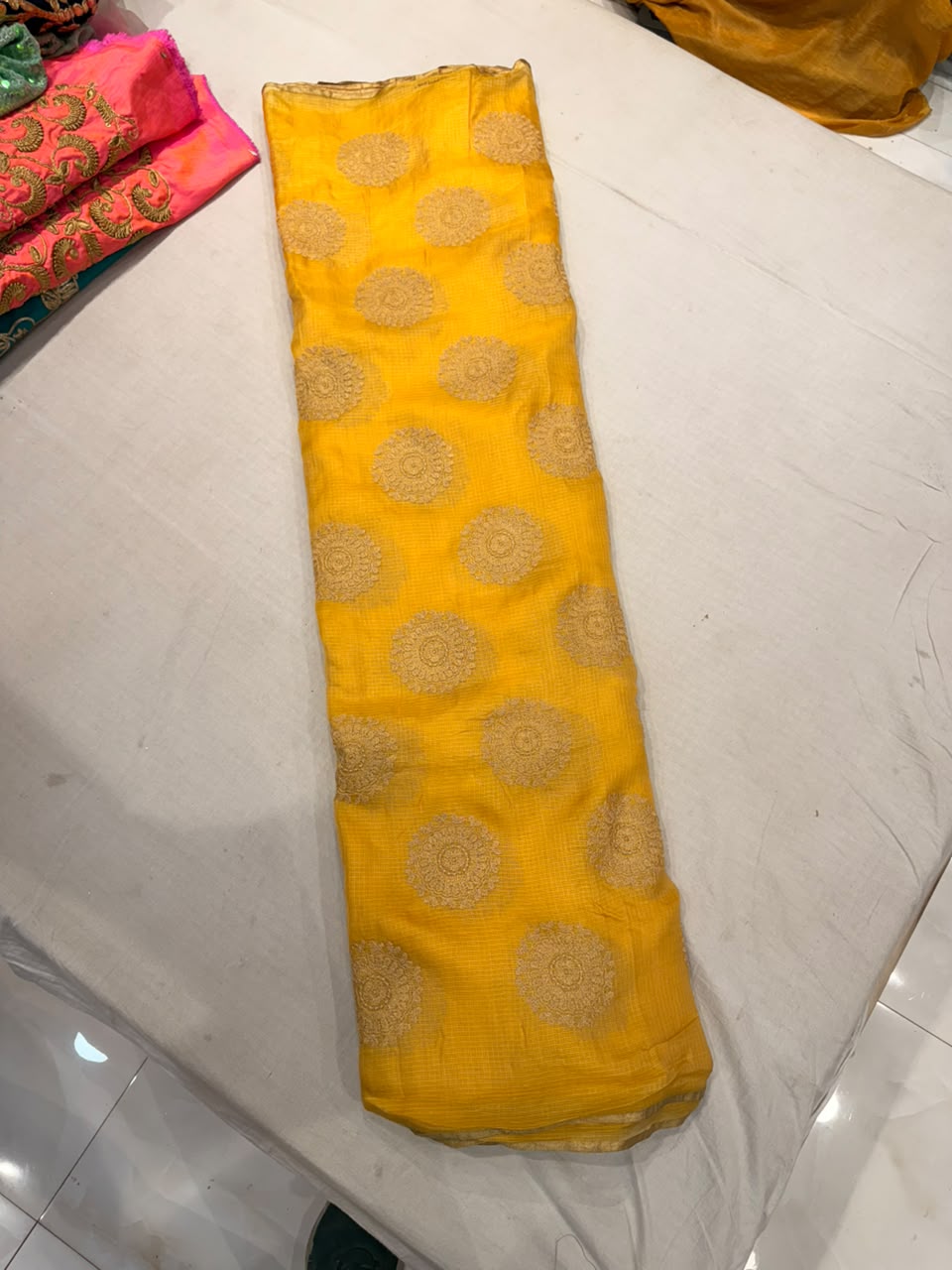 Premium Kota Embroidered Fabric – Mustard Yellow