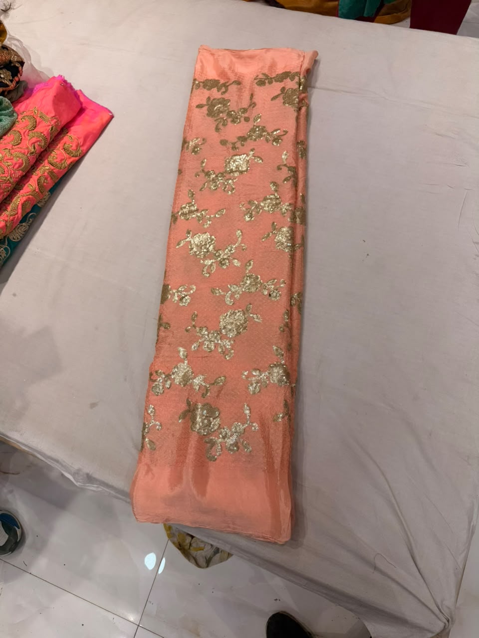 Premium Chinnon Embroidered Fabric – Peach Golden
