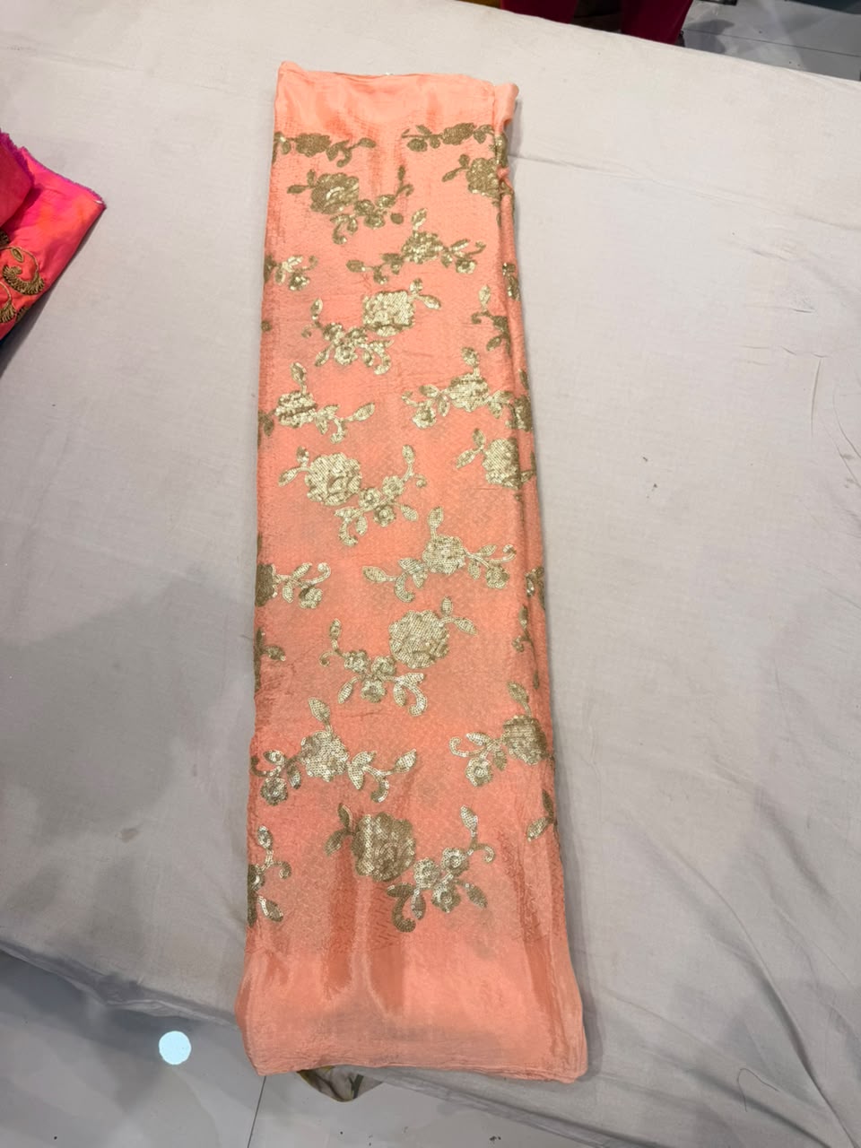 Premium Chinnon Embroidered Fabric – Peach Golden