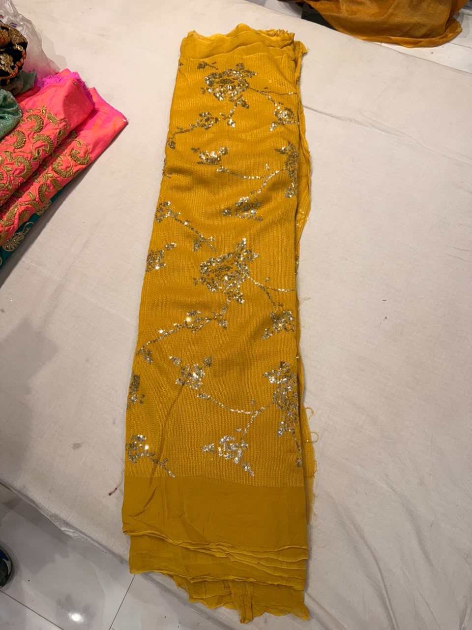 Premium Georgette Embroidered Fabric – Sunset Orange