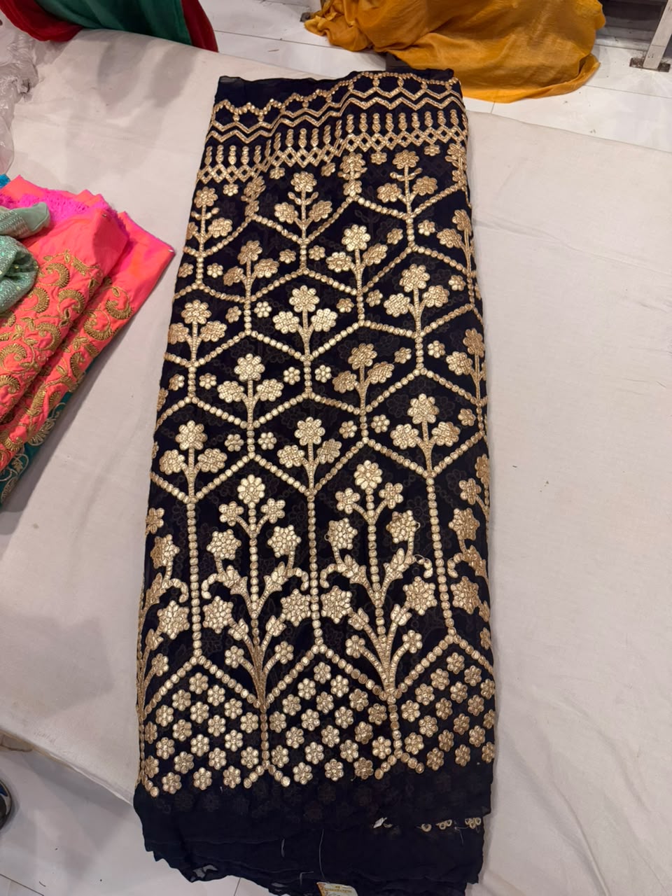 Premium Georgette Gota Patti Fabric – Royal Black