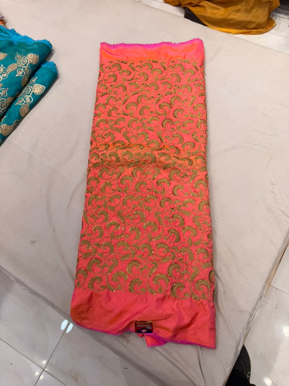 Premium Raw Silk Embroidered Fabric – Peach Pink