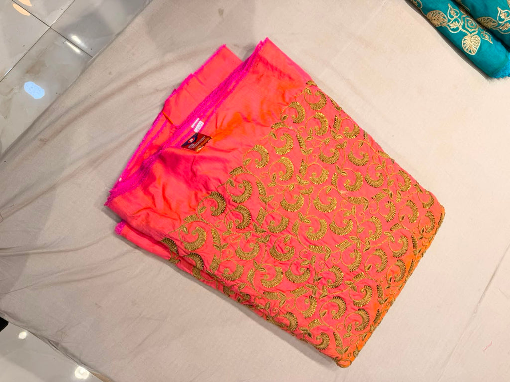 Premium Raw Silk Embroidered Fabric – Peach Pink