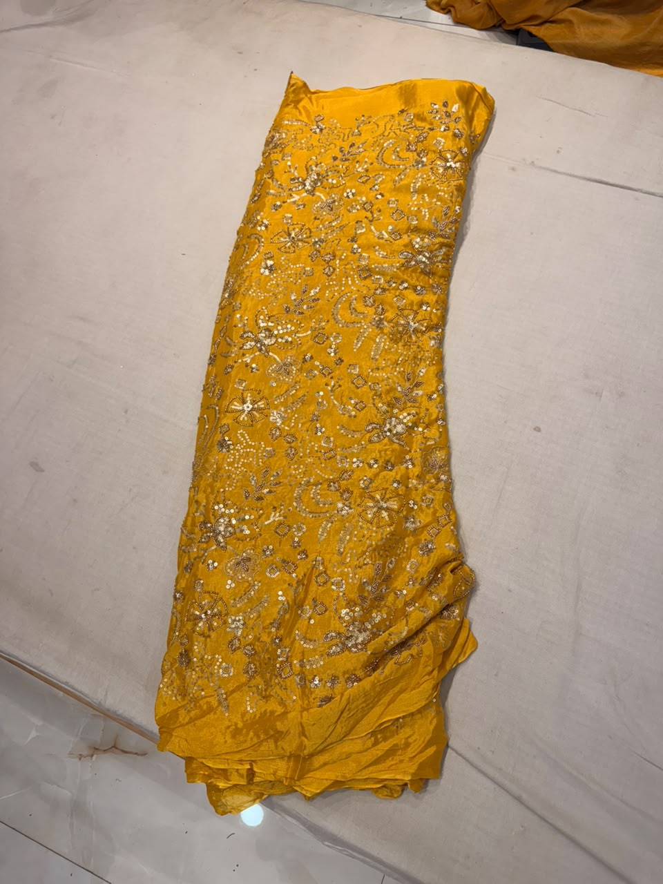 Premium Chinnon Embroidered Fabric – Festive Yellow