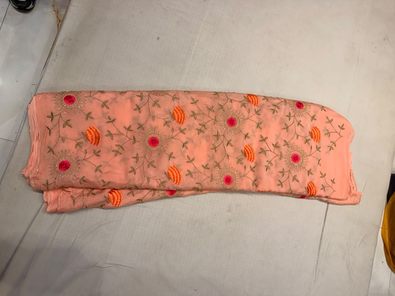 Premium Chinnon Embroidered Fabric – Sun-Kissed Peach