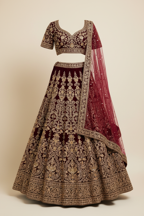 Bridal Lehenga Choli in Deep Maroon with Gold Embroidery