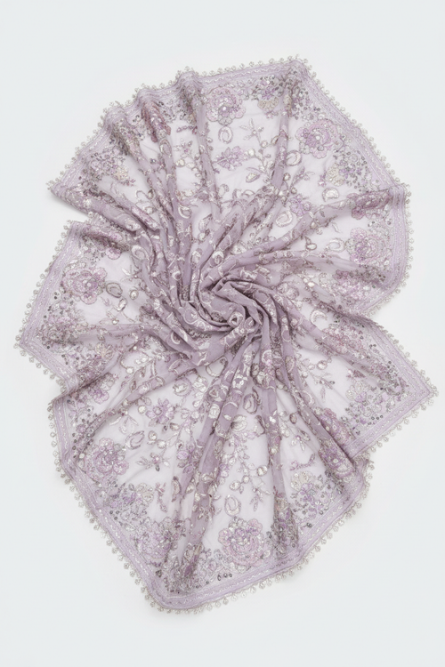Floral Embroidered Dupatta in Pastel Lavender and Silver