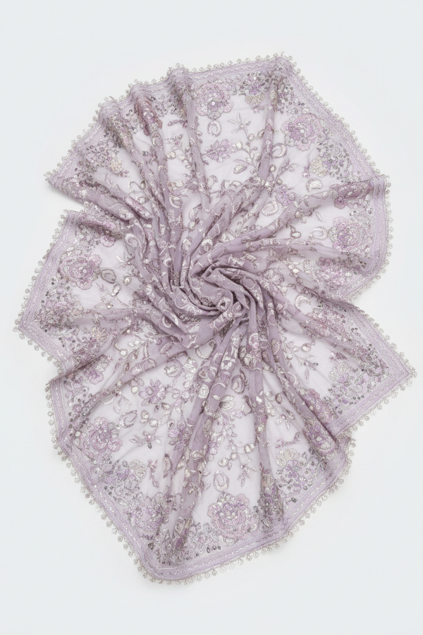 Floral Embroidered Dupatta in Pastel Lavender and Silver