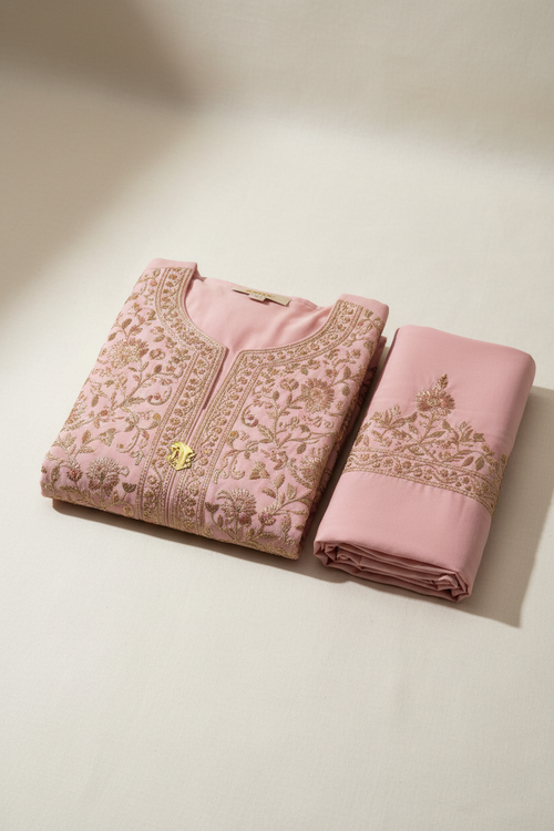 Embroidered Kurta Set in Pink and Gold