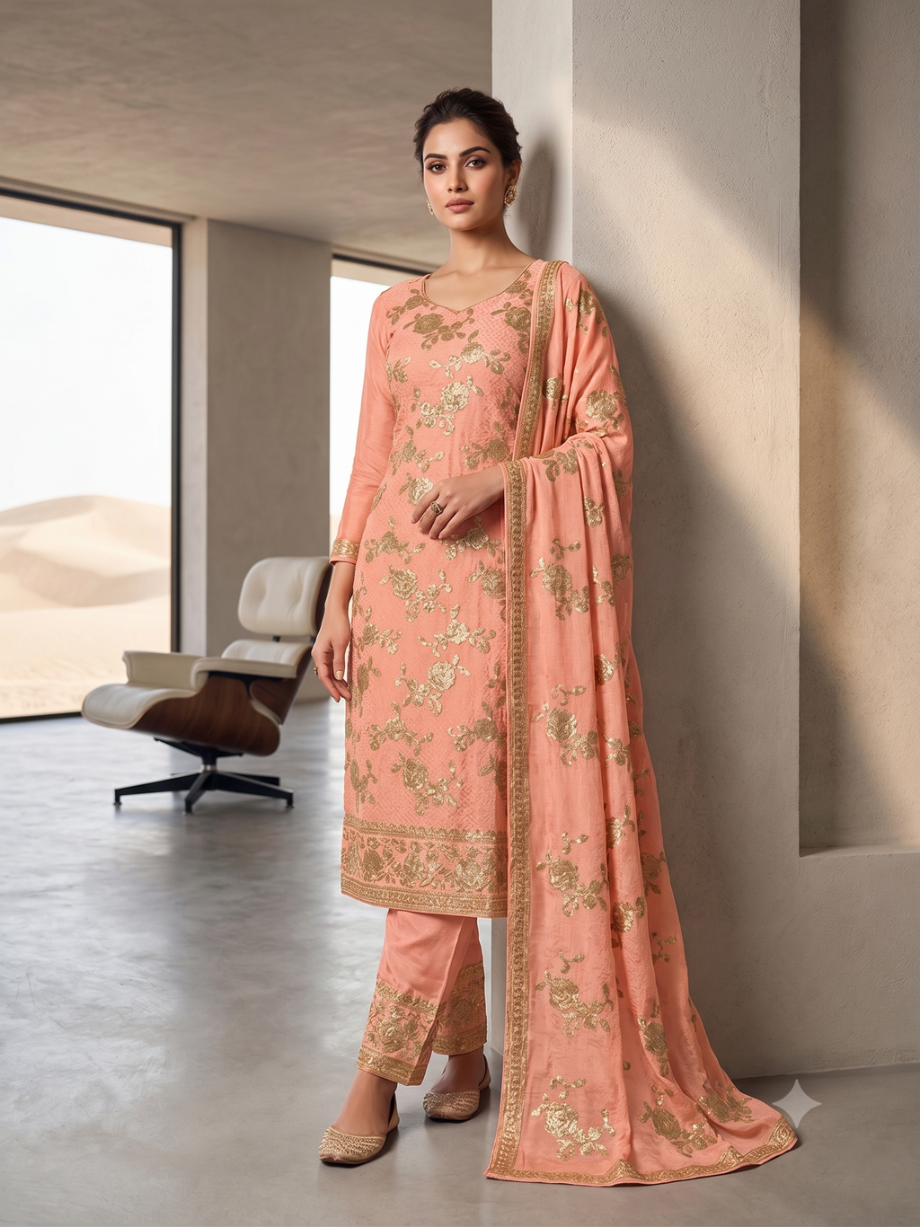 Premium Chinnon Embroidered Fabric – Peach Golden